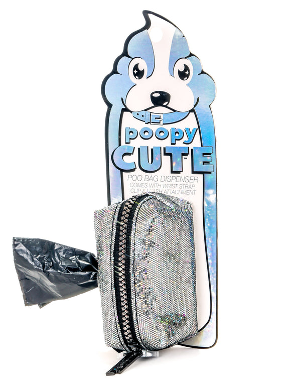 30321: poopyCUTE: Doggy Waste Bag Holder for Fashionable Owner & Dog |GLAM Glitter Silver