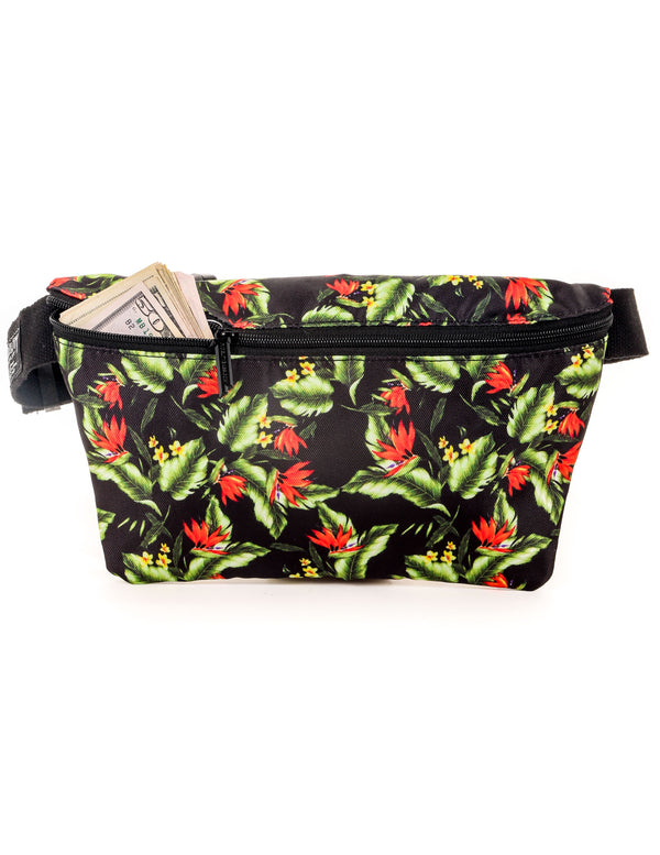 81439: XL Fanny Pack |Oversize Ultra-Slim Low Profile Belt Bum Bag |Black Hibiscus