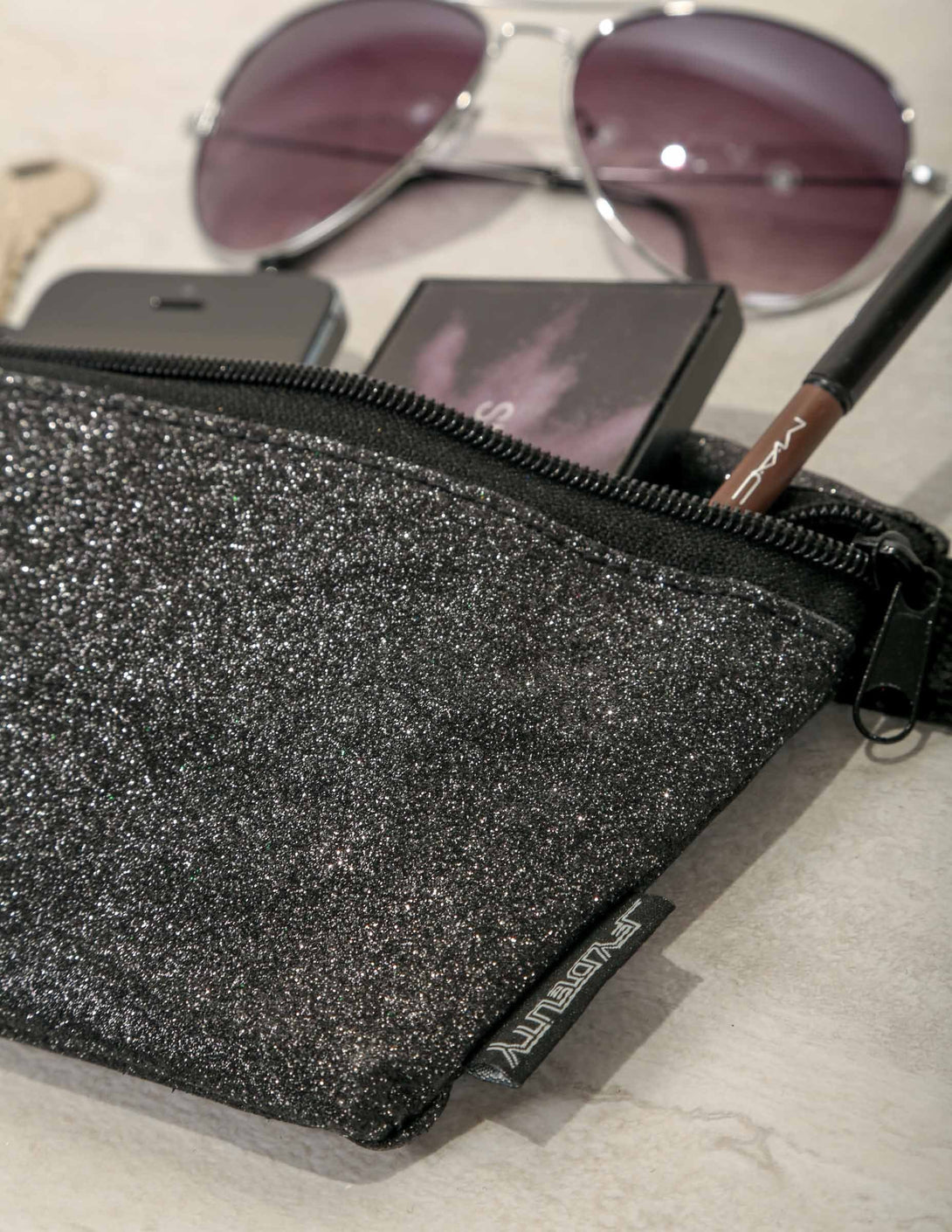 83129: FYDELITY- Ultra-Slim Fanny Pack: DAZZLER Black Glitter